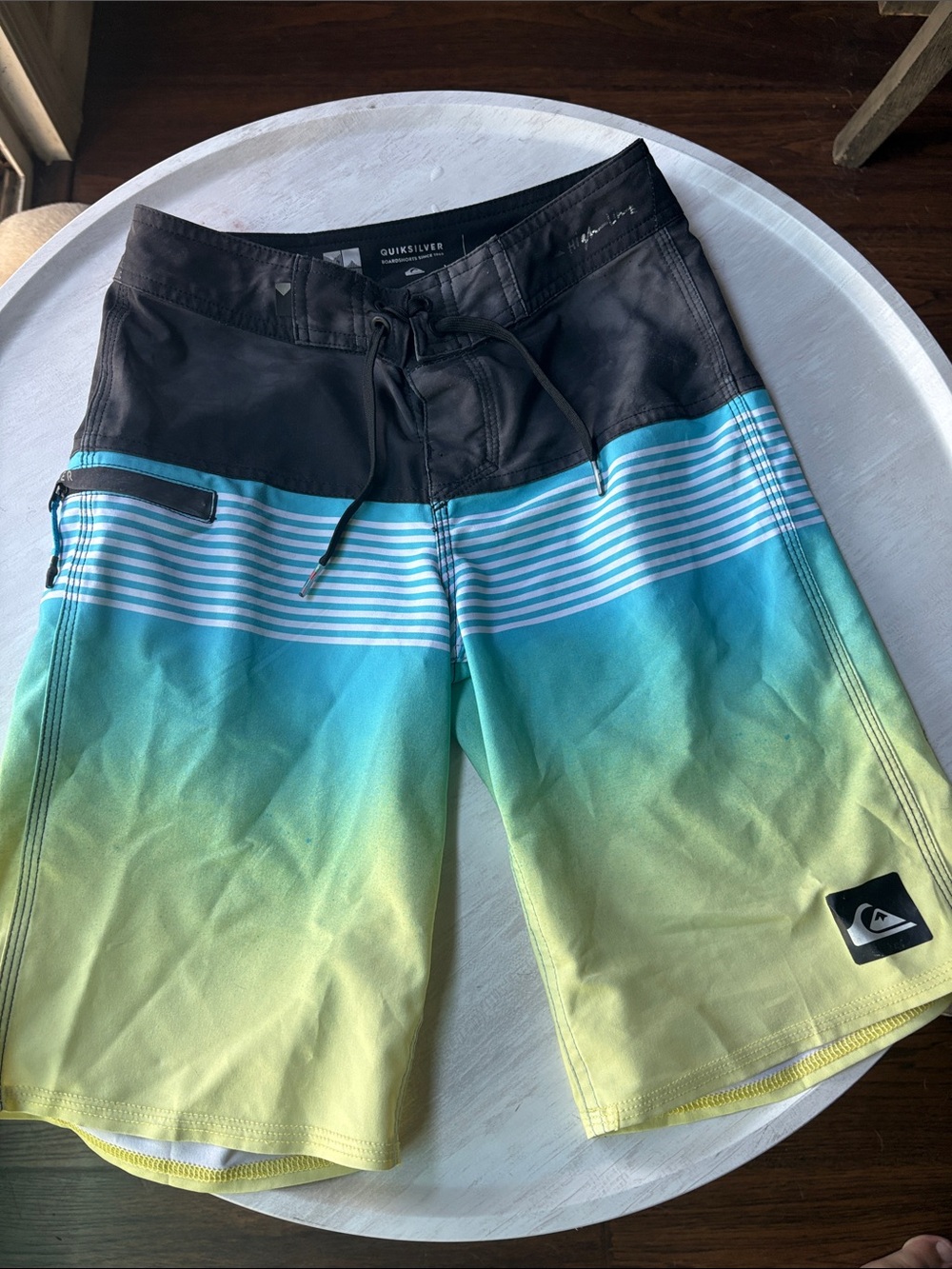 Quiksilver Teen/Men's Black, Teal & Yellow Gradient Boardshorts